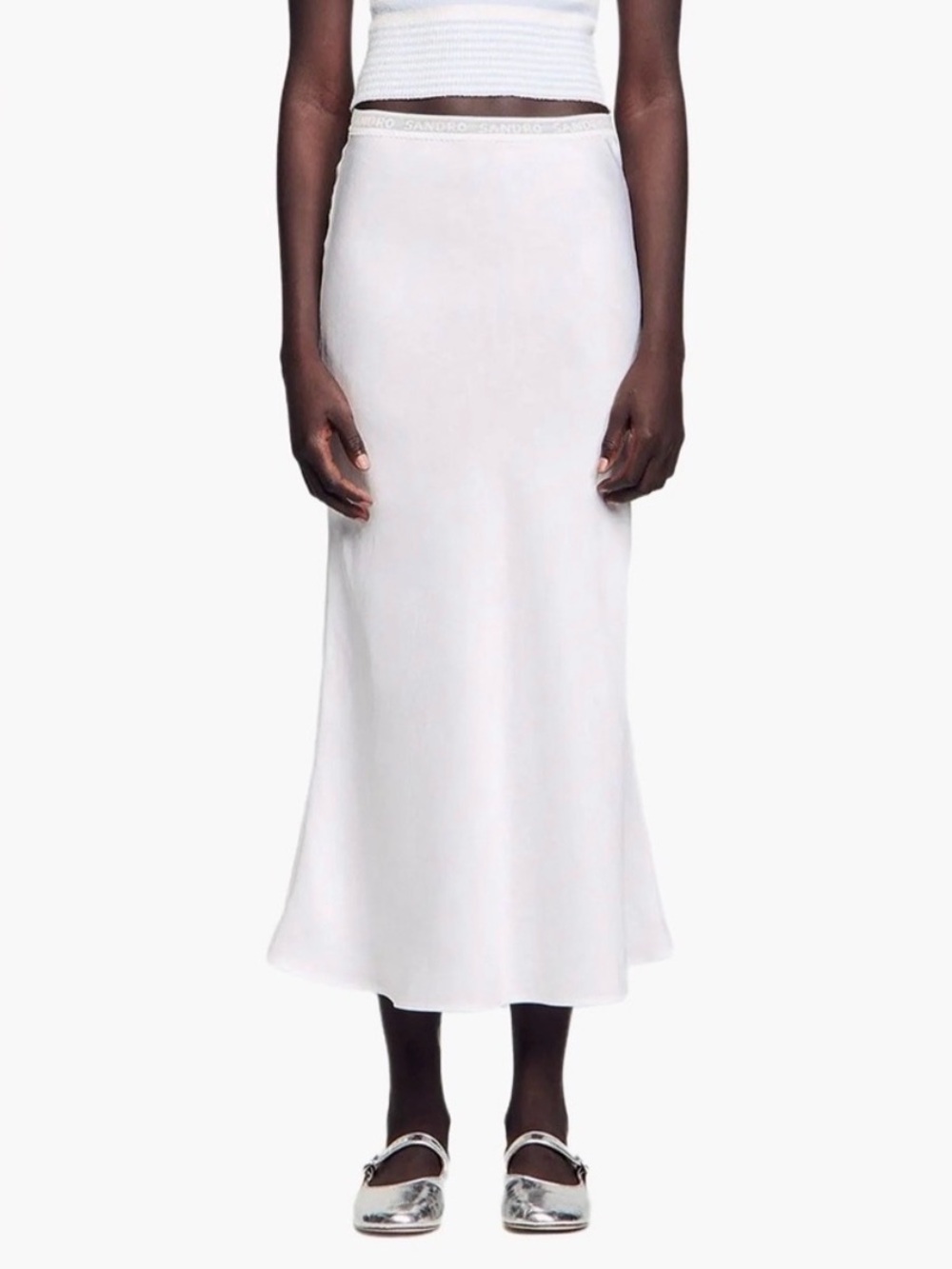 Sandro White Satin Midi Skirt
